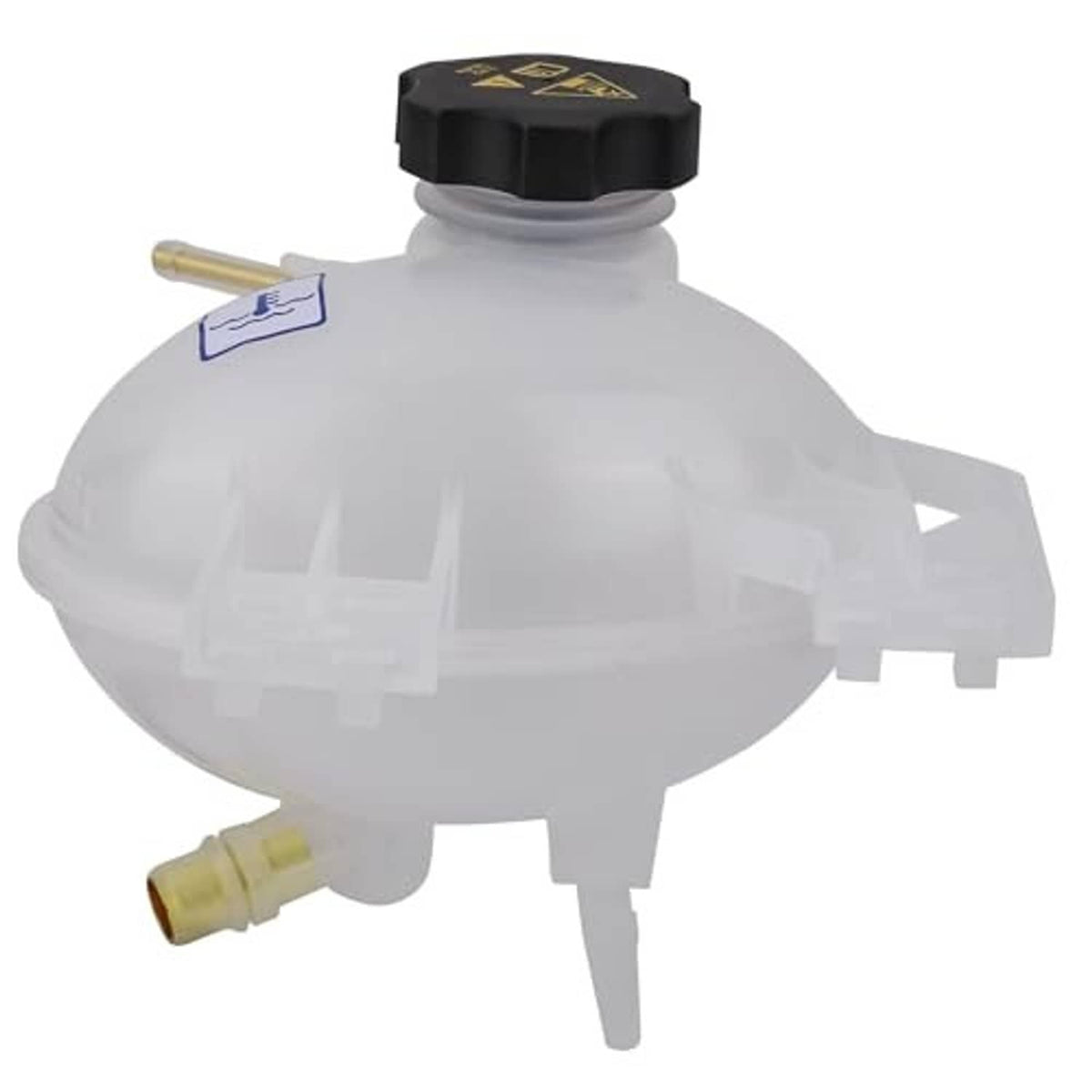 White translucent front coolant reservoir tank with black cap and two hose ports