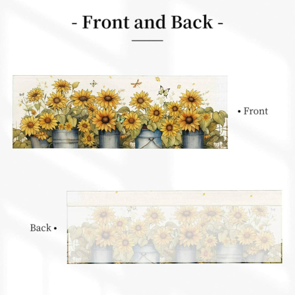 Sunflower window valance front and back fabric panels, blue bucket print on the front
