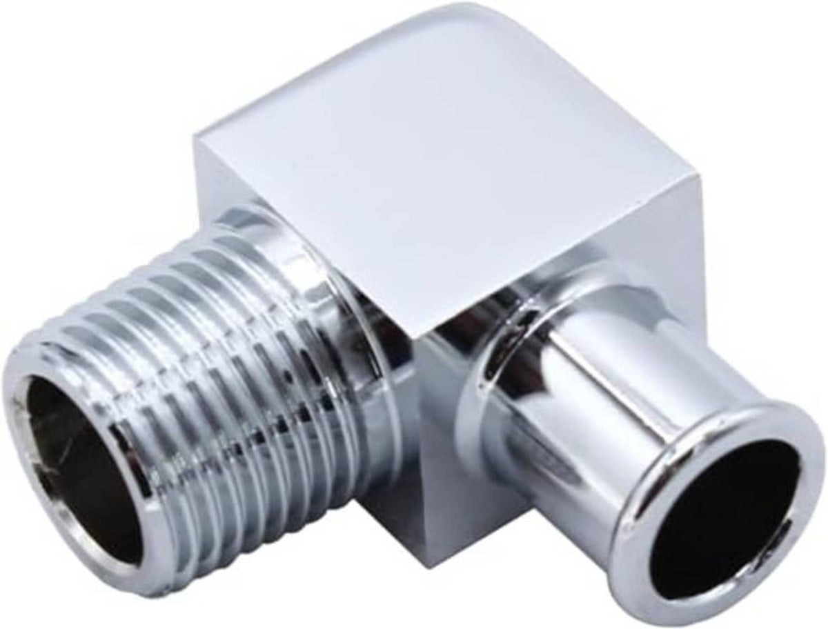 90-degree aluminum hose fitting, 1/2" NPT to 1/2" NPT, angled side view, chrome