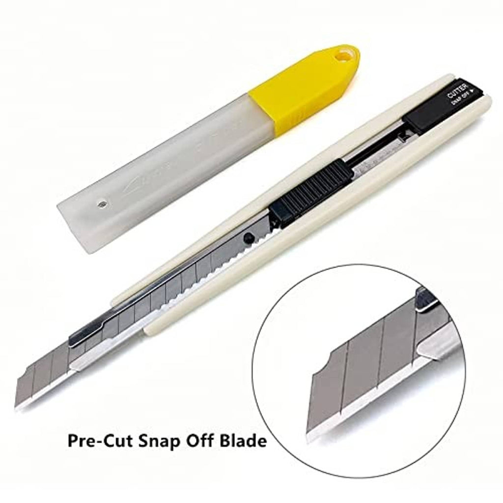 Utility cutter for vinyl wrap with pre-cut snap-off blade cartridge and replacement blade