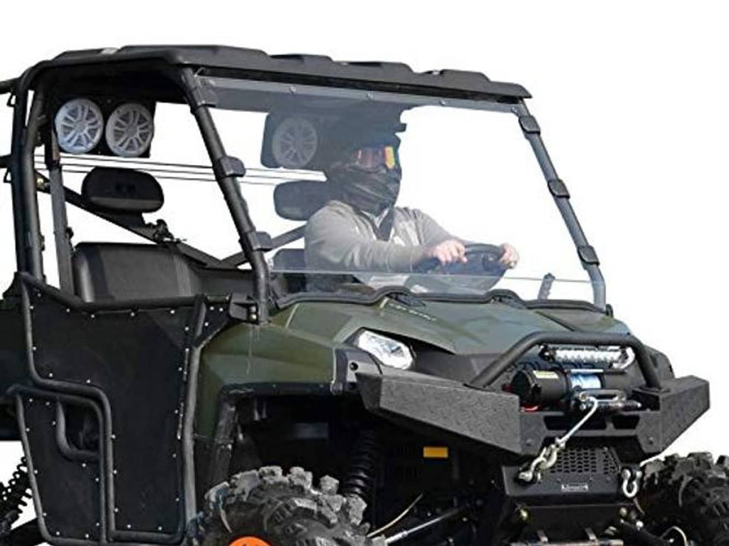 Clear full windshield for UTV with black frame and side mounting hardware