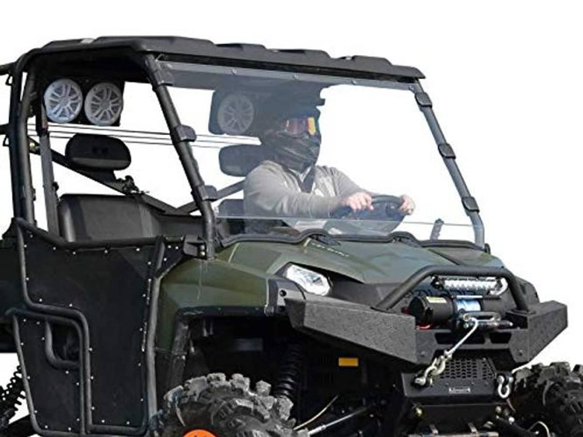 Clear full windshield for UTV with black frame and side mounting hardware