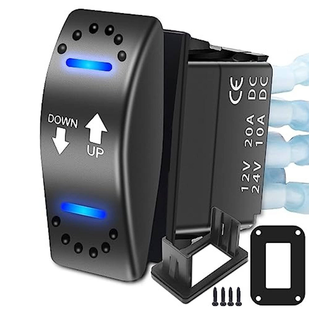 Illuminated polarity reversing rocker switch with blue lights, up/down arrows, wiring terminals