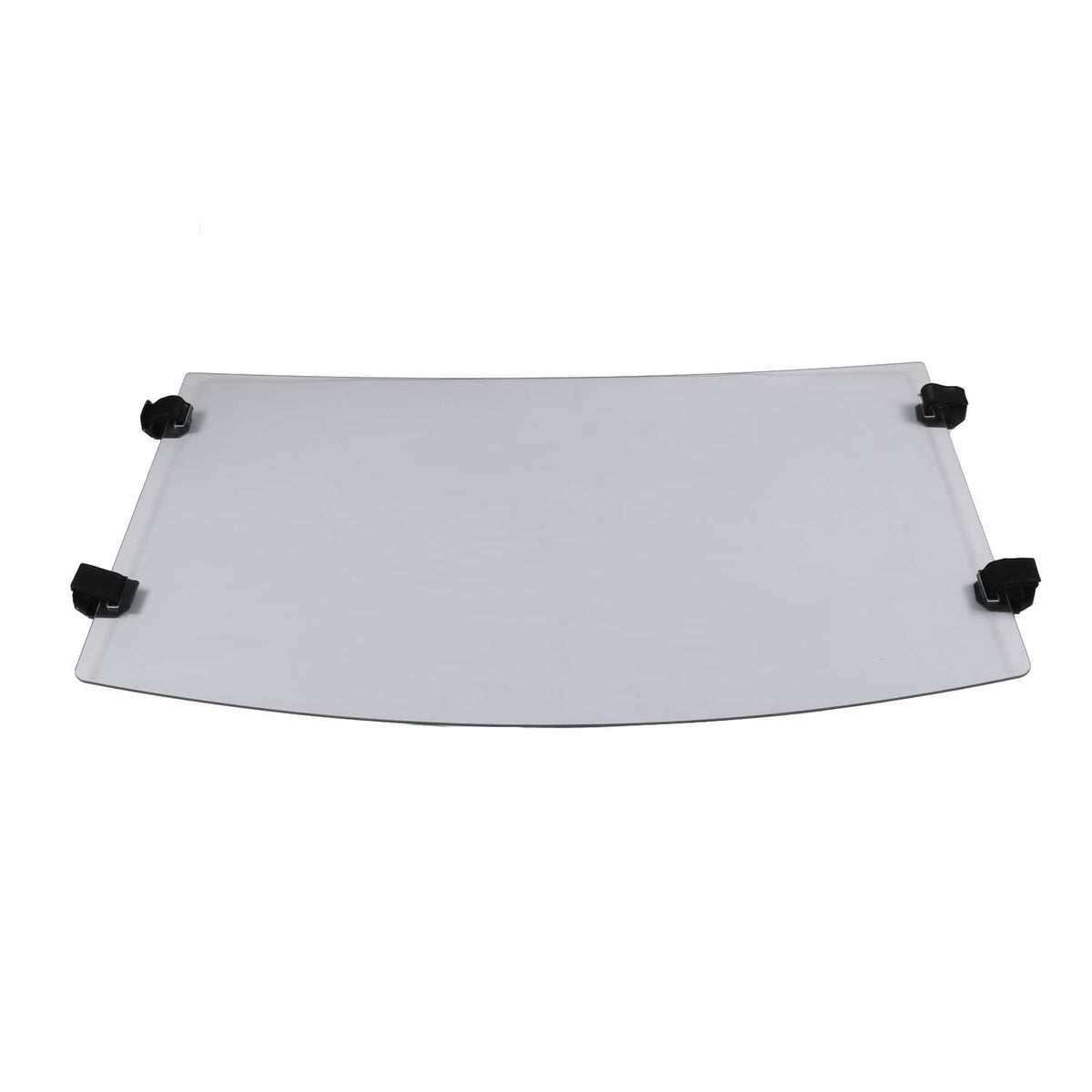Front windshield panel with four black brackets, clear tinted plastic, curved top edge.