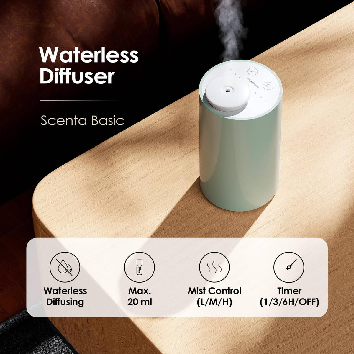 Mint and white waterless essential oil diffuser with top control buttons