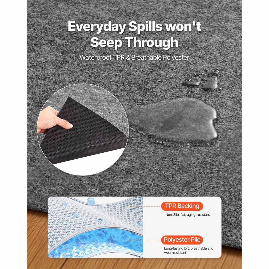 Dark gray rug pad with waterproof-style top layer and visible fabric texture