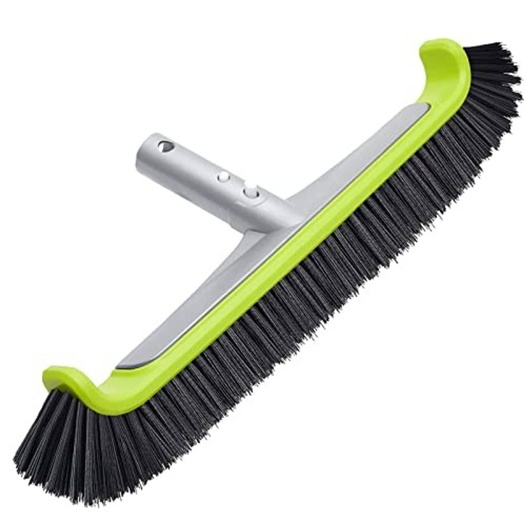 Pool wall brush head with curved bracket, black bristles and lime-green grip