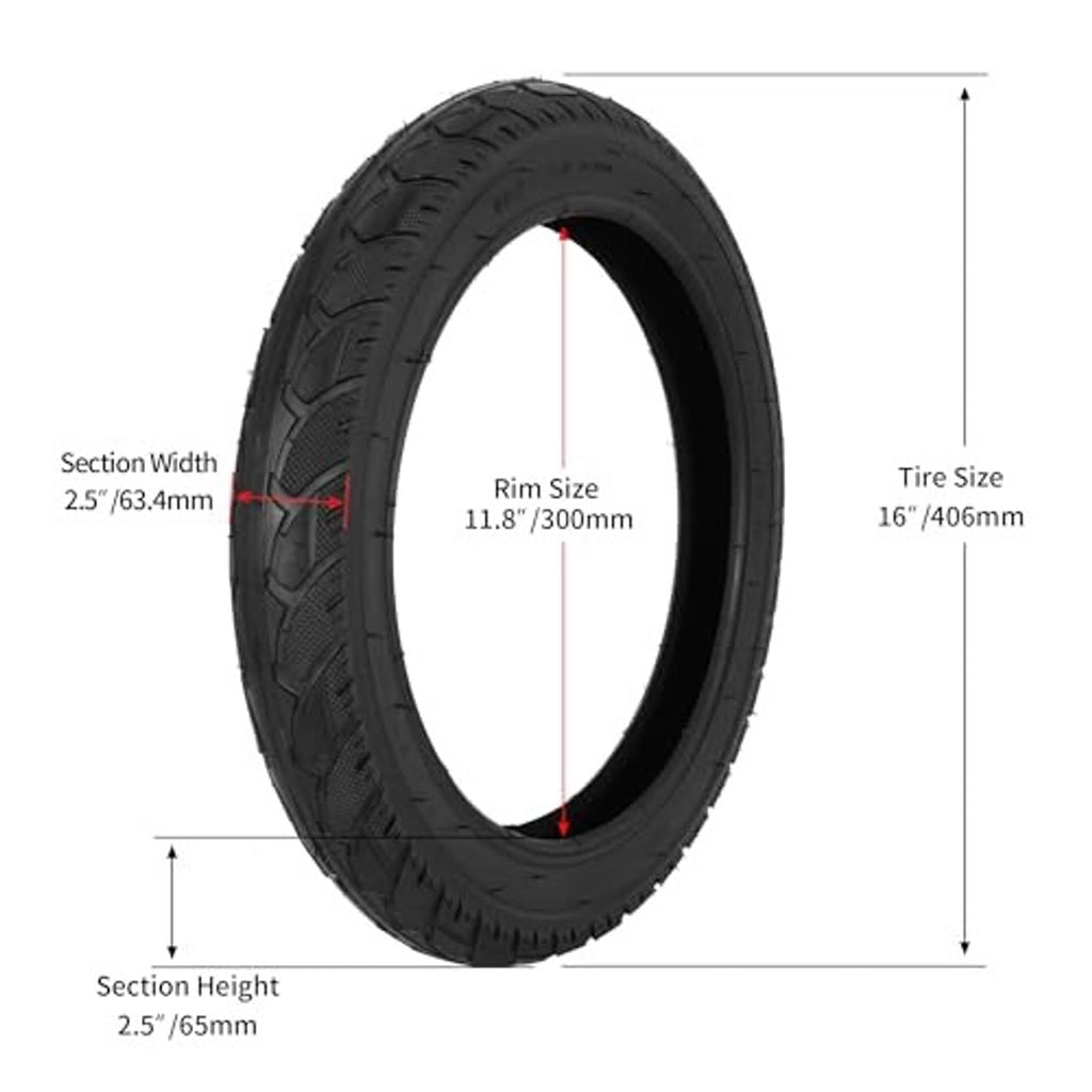 Black 16x2.50 tire with measurement diagram for tire width and rim size