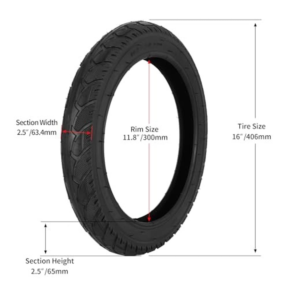 Black 16x2.50 tire with measurement diagram for tire width and rim size