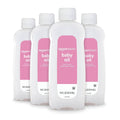 Baby oil multipack bottles, white plastic with pink Amazon Basics label, 14 fl oz (414 ml) front