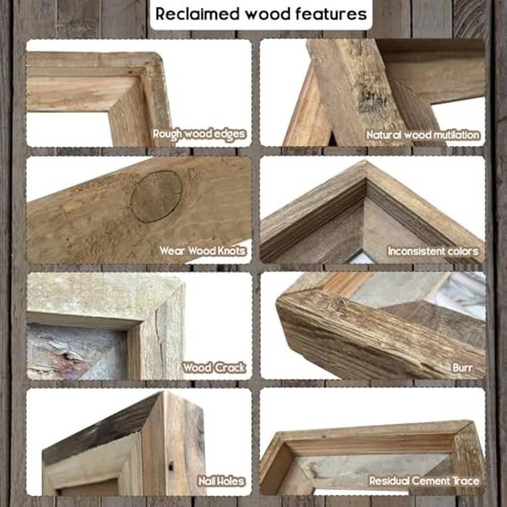 Reclaimed barnwood picture frame detail: rough edges, wood knots, cracks, and wear