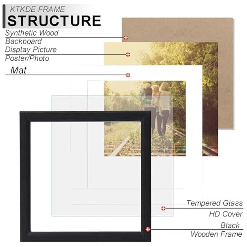 Black wooden picture frame with mat and tempered glass, display board components