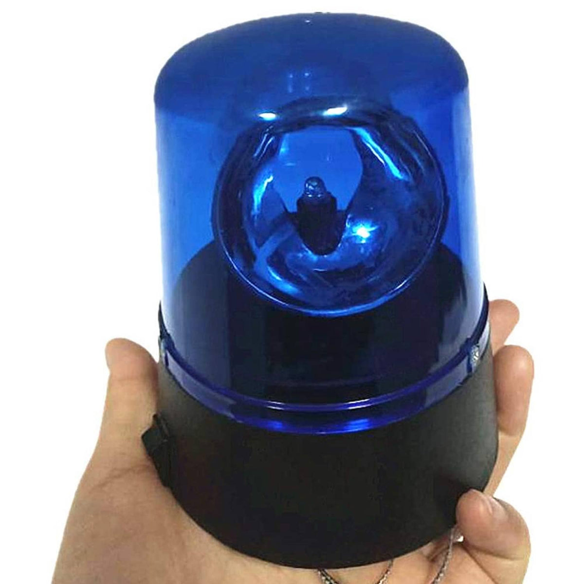 Blue rotating LED disco strobe light held in hand, clear lens dome