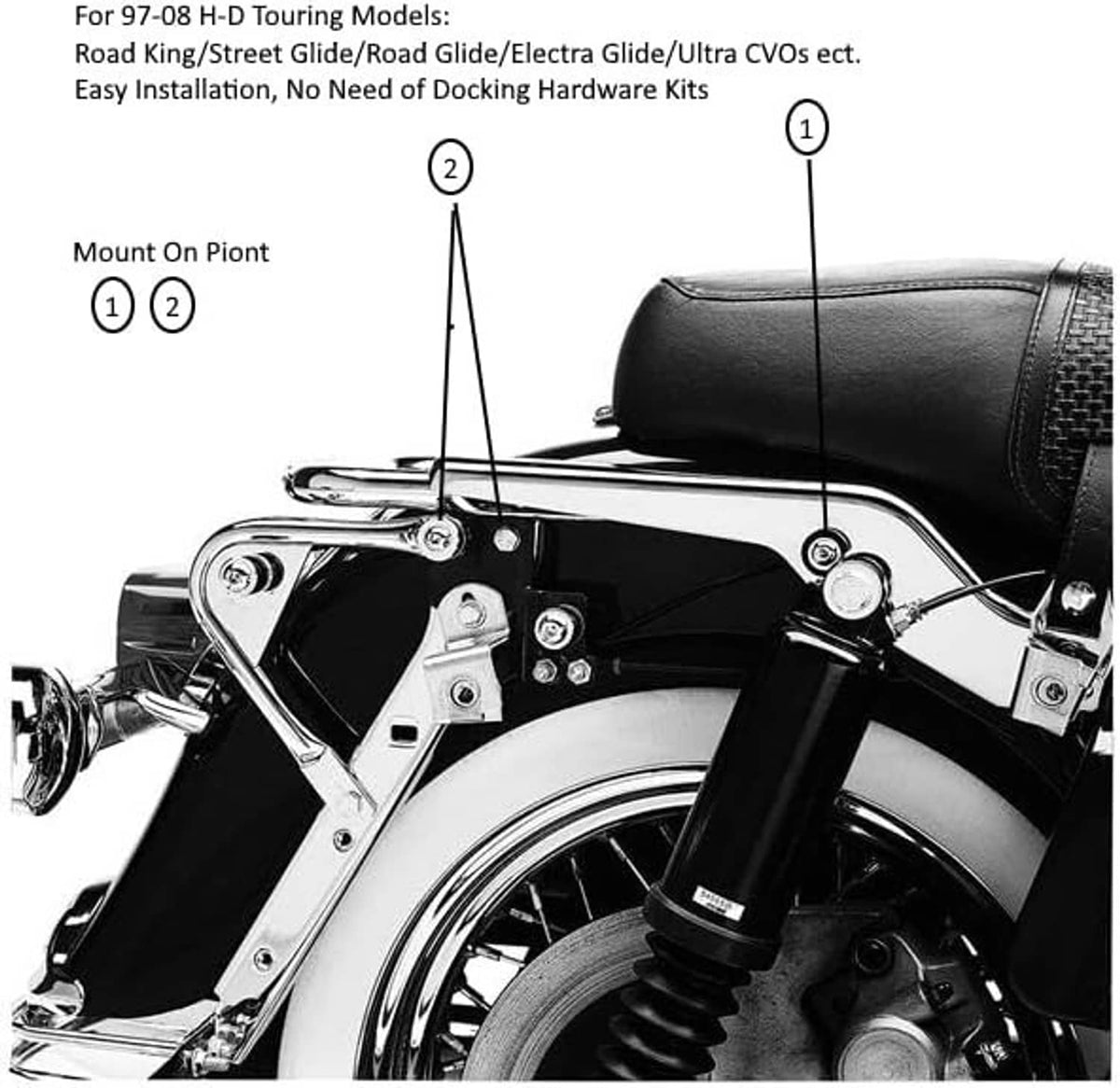 Chrome sissy bar backrest with black padded top and mounting hardware for touring seat