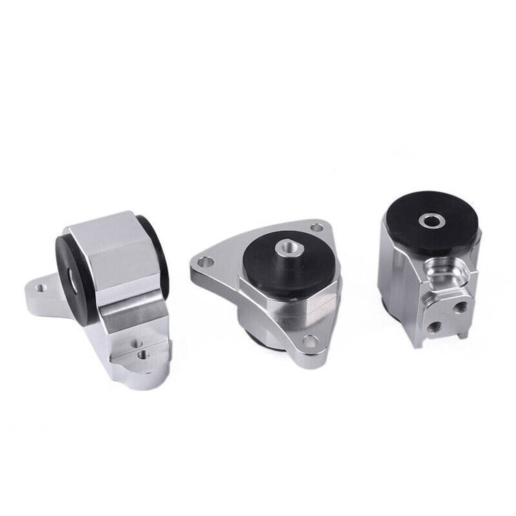 Motor mount kit with three silver mounts and black rubber bushings for replacement