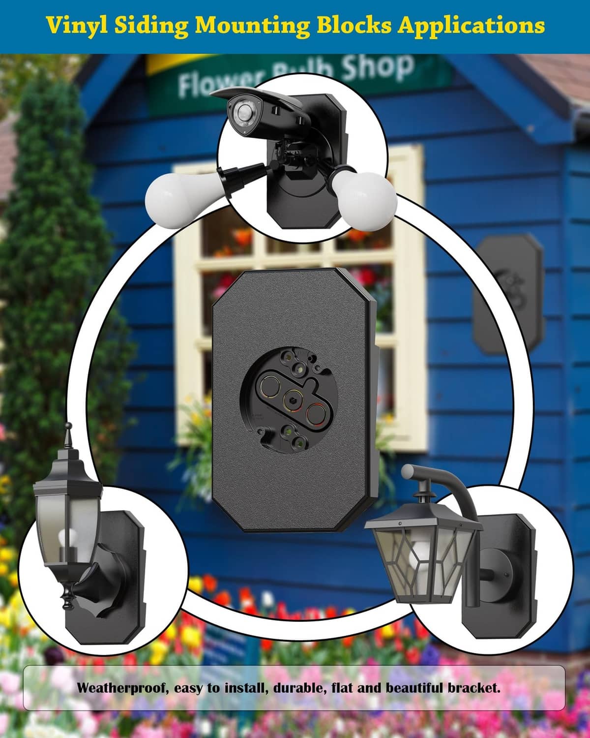 Black octagonal vinyl siding mounting block for outdoor lantern, multi-fixture application