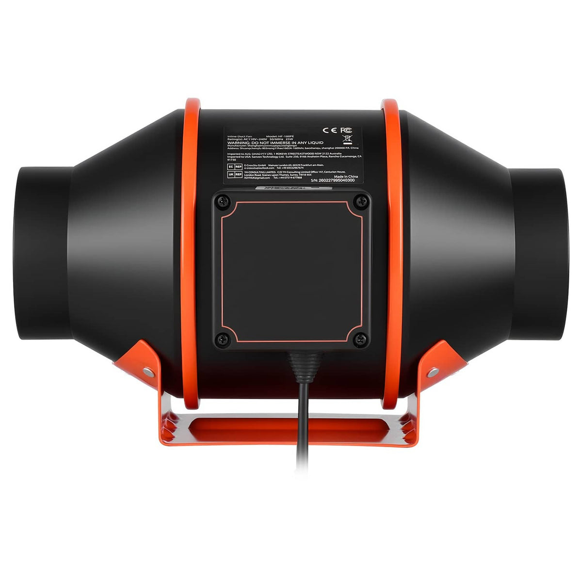 4-inch inline duct fan with black housing, orange trim, mounting bracket, and label