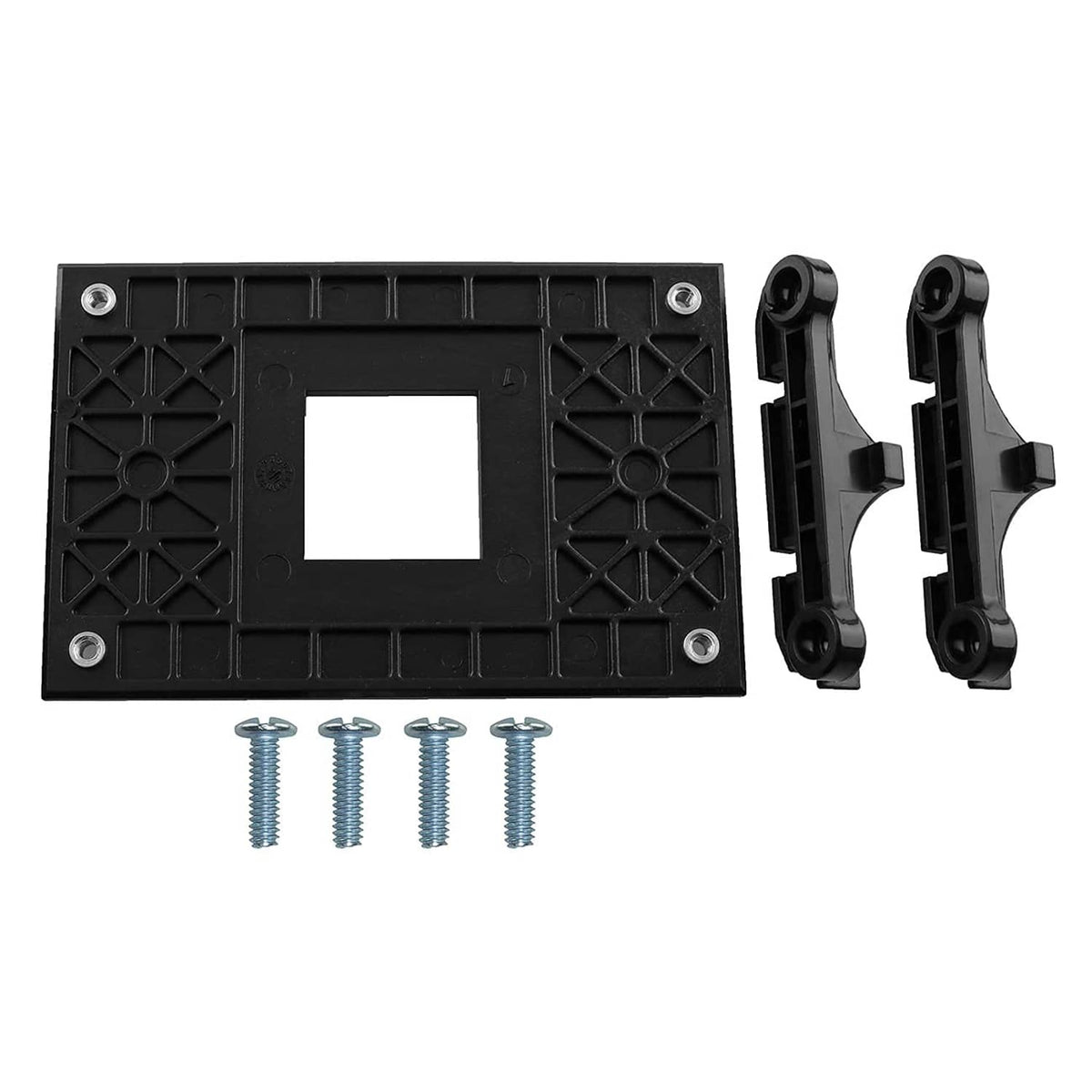 CPU cooler mounting base plate with 4 screws and 2 side clips, black