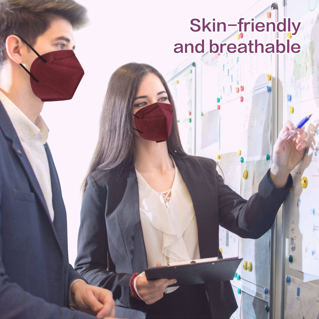 Red KN95 face masks on two people, covering nose and mouth.