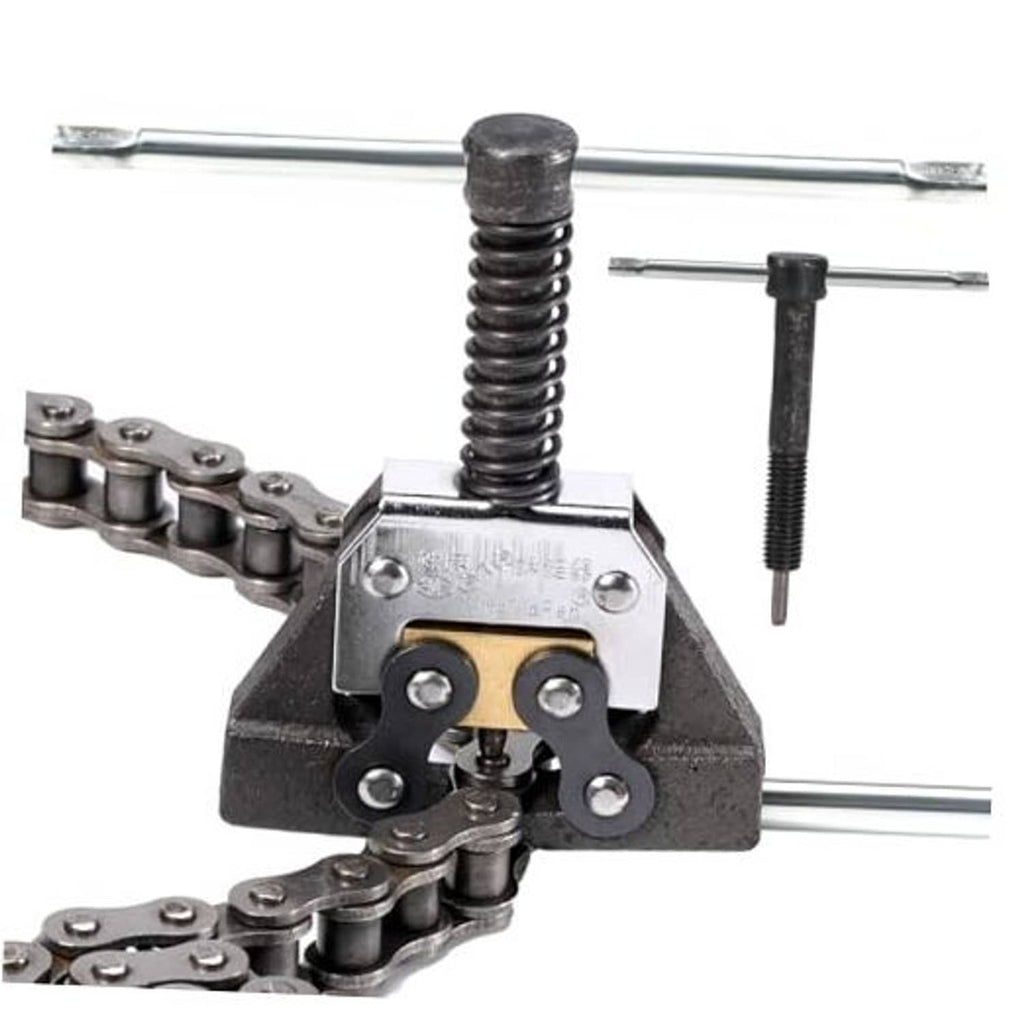 Roller chain detacher tool with spring-loaded press and handle rods