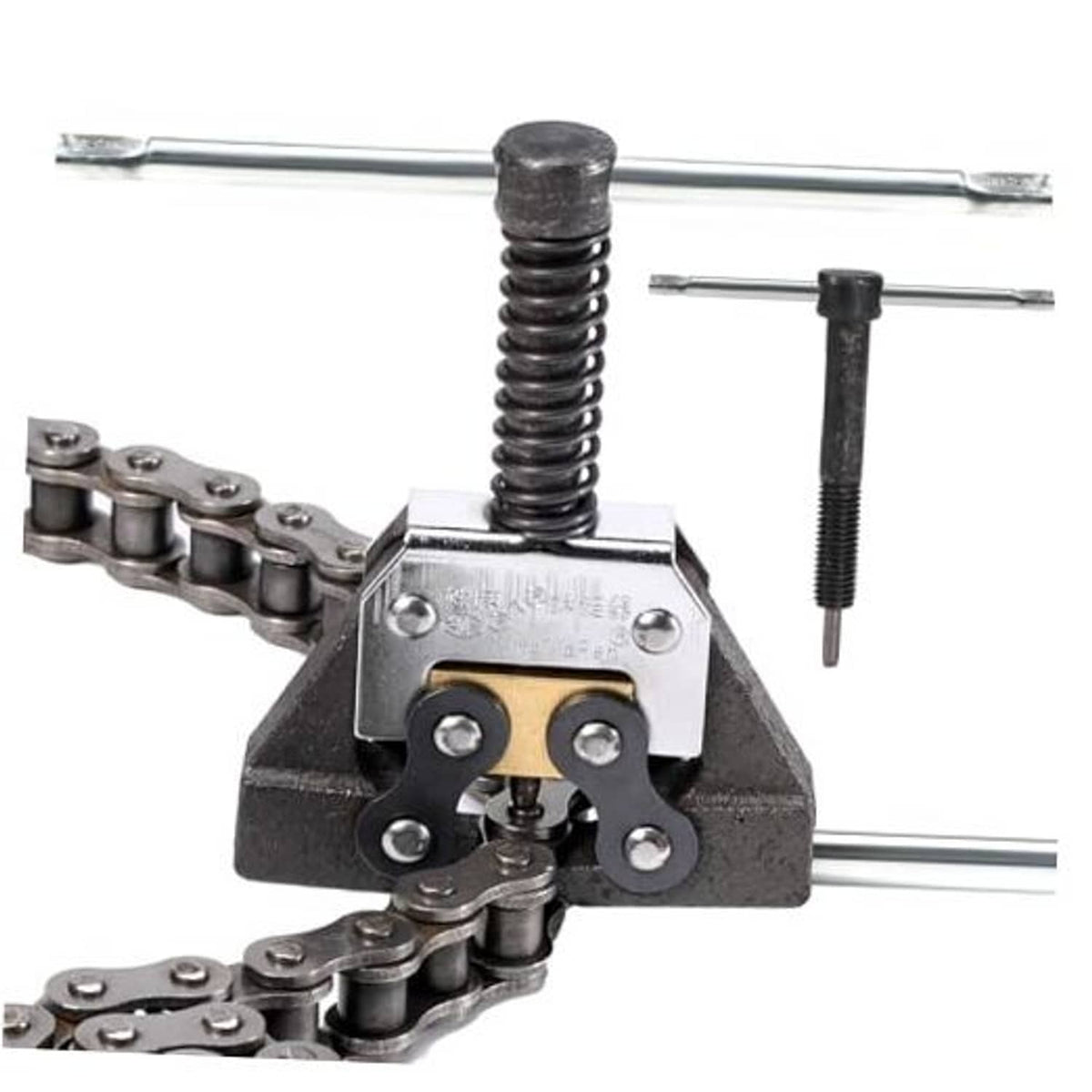 Roller chain detacher tool with spring-loaded press and handle rods