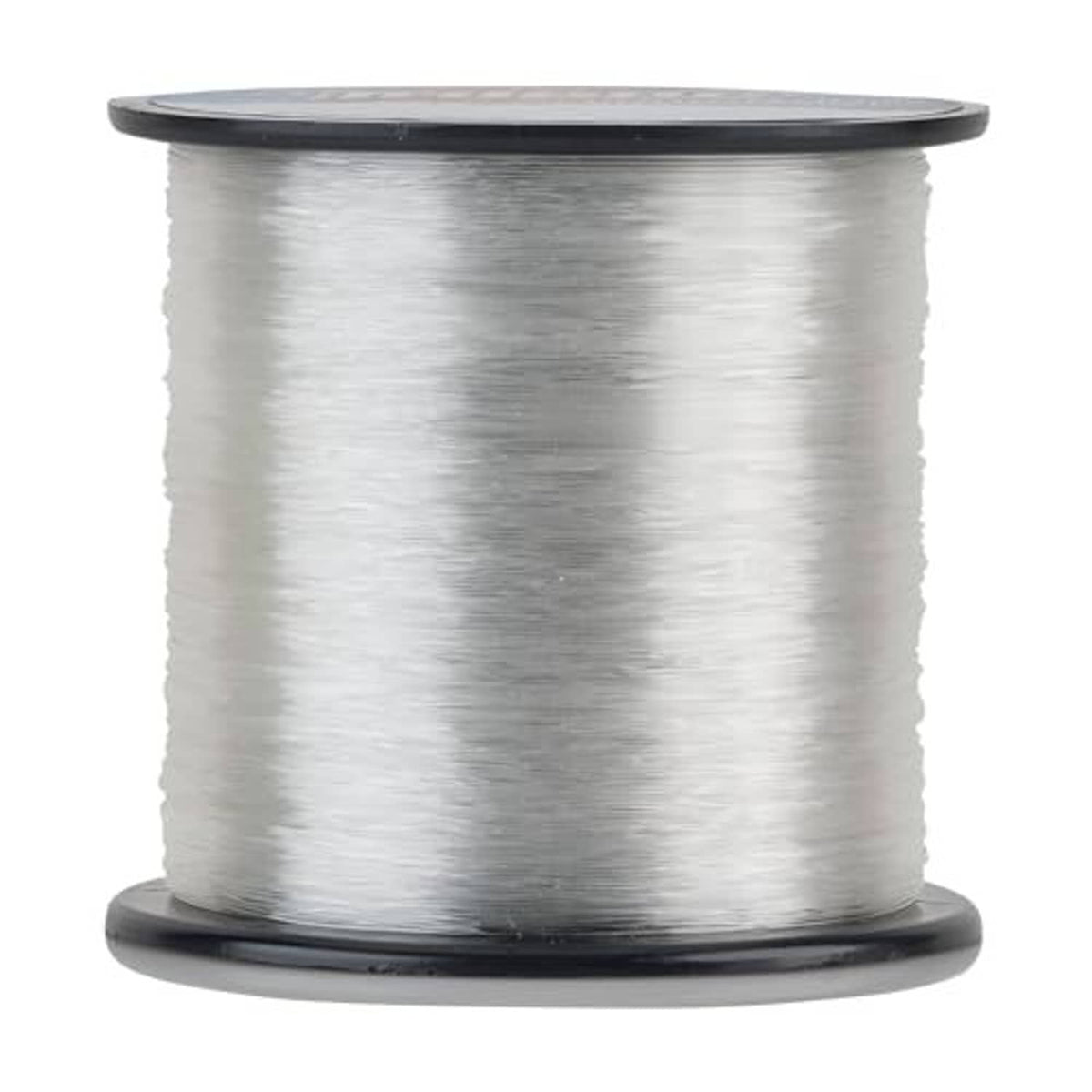 Clear fluorocarbon fishing line spool, white line wound on black base