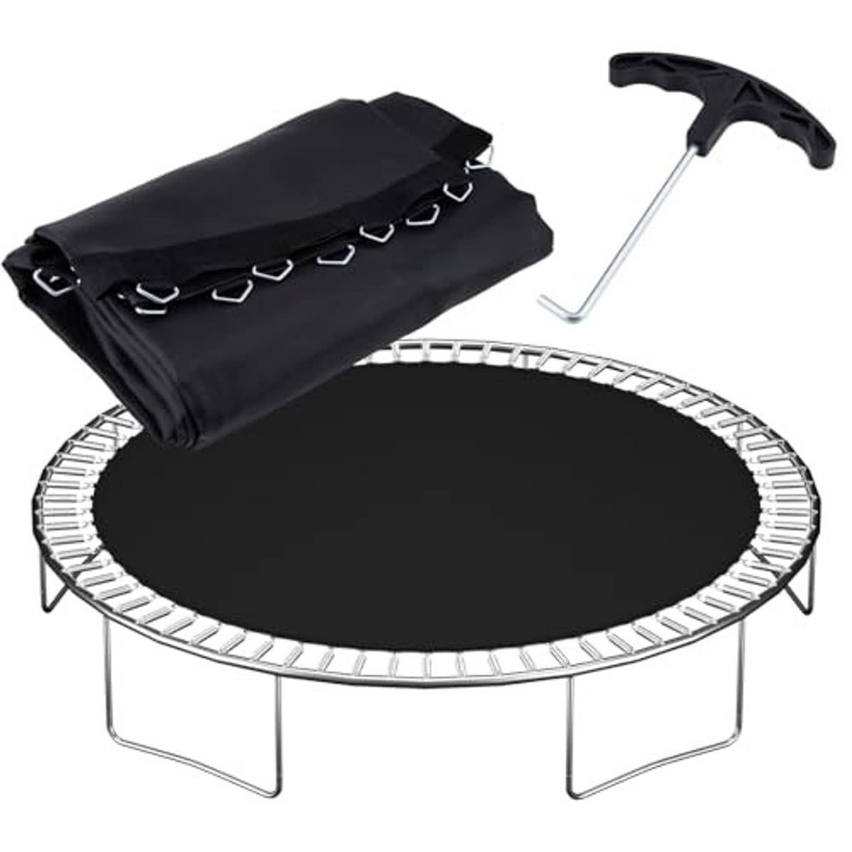 Black round trampoline replacement mat with spring hooks and included spring tool