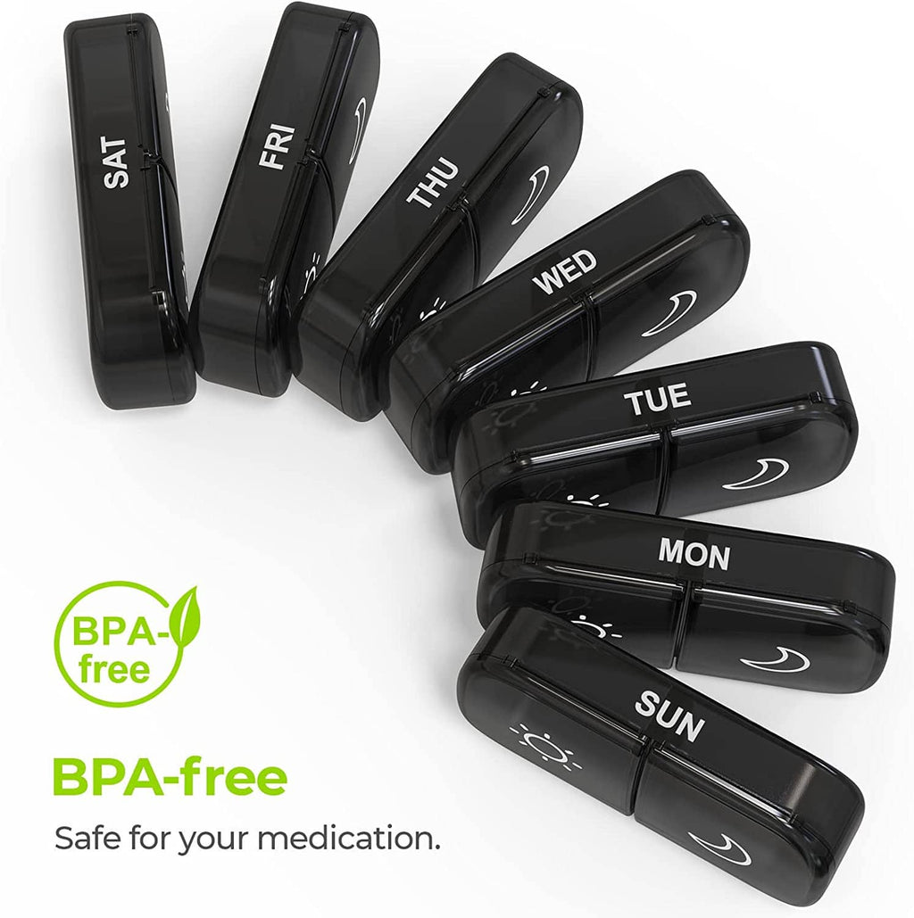 Stacked black seven-day AM/PM pill box with rotating lids and protective cover