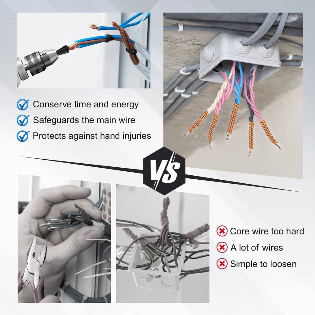 Wire twister tool with connected electrical wires and metal cable terminations