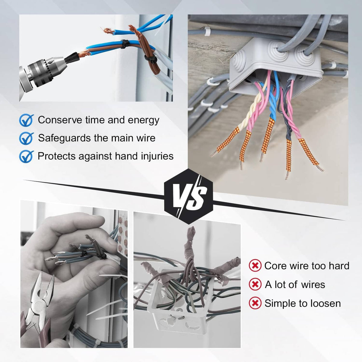 Wire twister tool with connected electrical wires and metal cable terminations