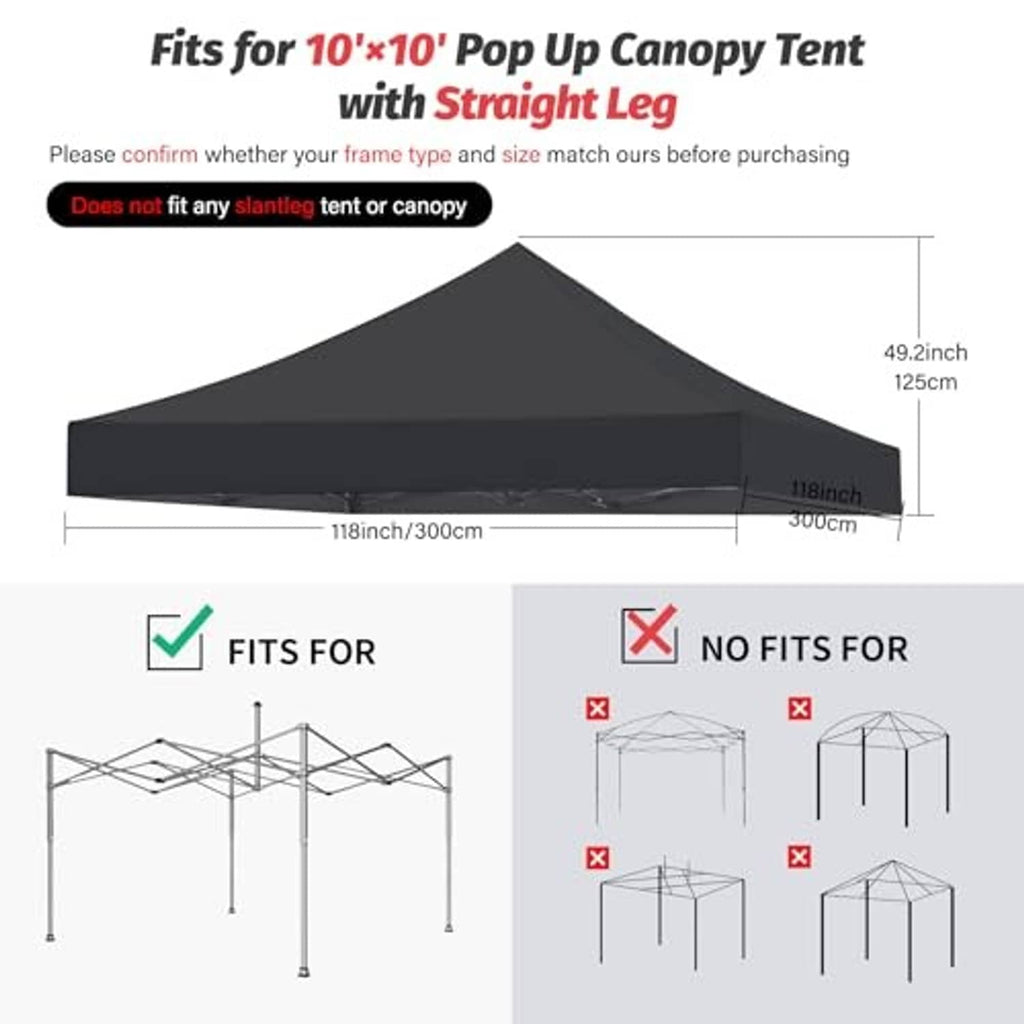 Black canopy top with straight-leg fit diagram and overall size measurements