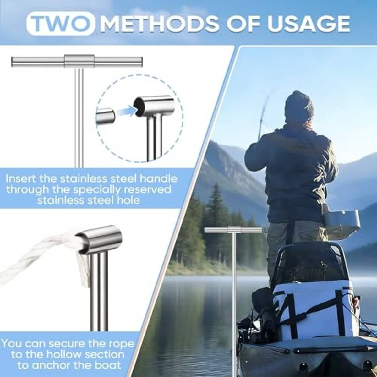 Shallow-water anchor system showing handle insert and rope tie point