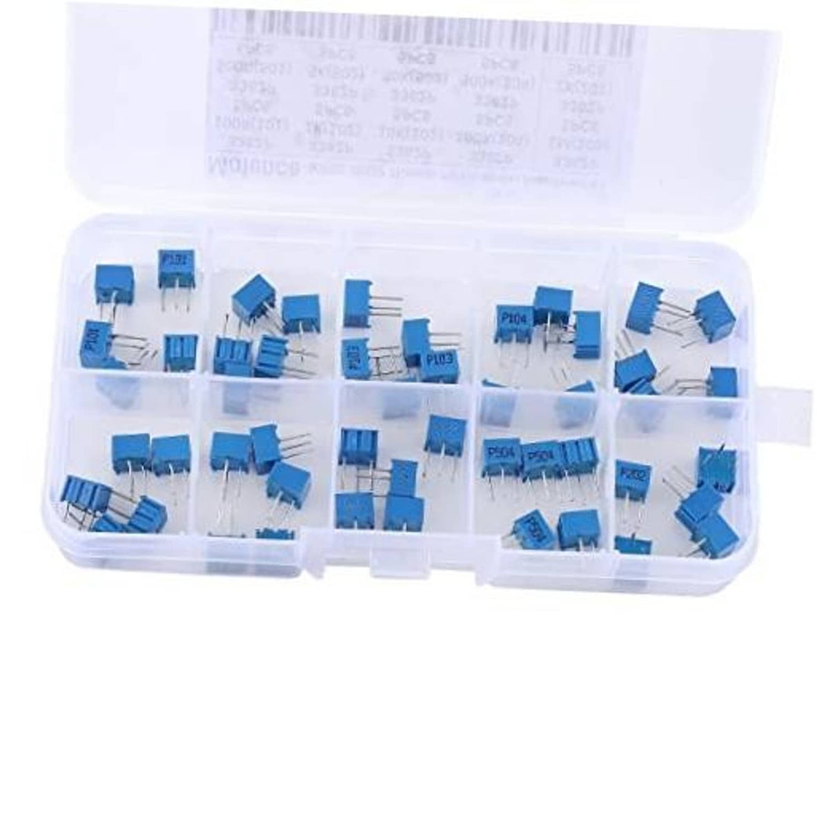 Trimmer potentiometer assortment kit in a clear divided plastic organizer, blue parts inside.