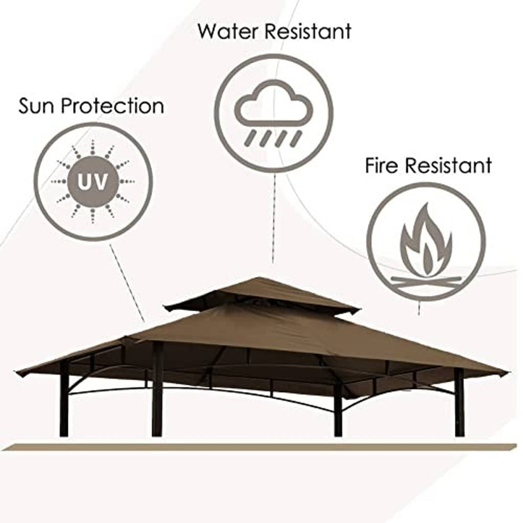 Brown canopy roof with UV, water, and fire resistant coverage icons