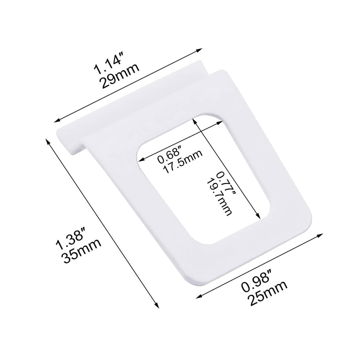 White plastic window screen pull tab with millimeter size dimensions