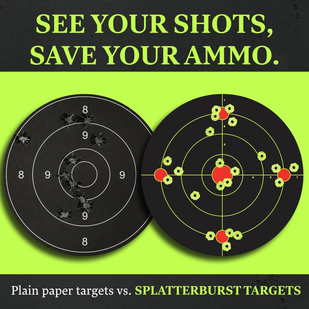 Two 8-inch black adhesive shooting targets with numbered rings and neon green reactive clusters