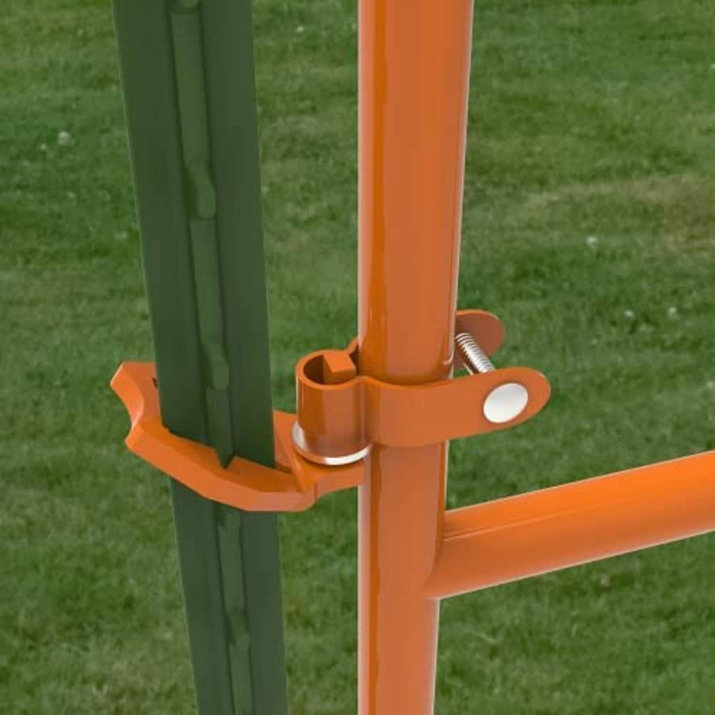 Orange hinge bracket with pin and washer on green metal T post, gate connection