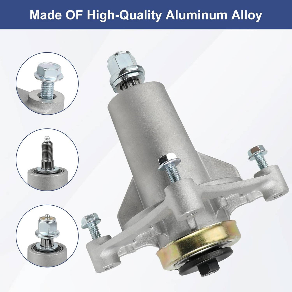 Silver aluminum mower spindle with threaded top and side mounting posts