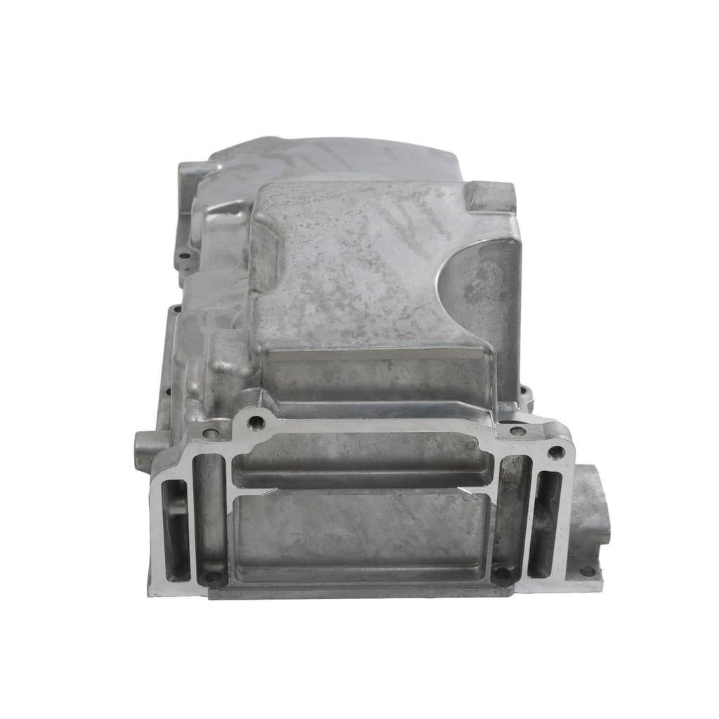 Engine oil pan kit housing, silver metal casting with bolt holes and raised baffle