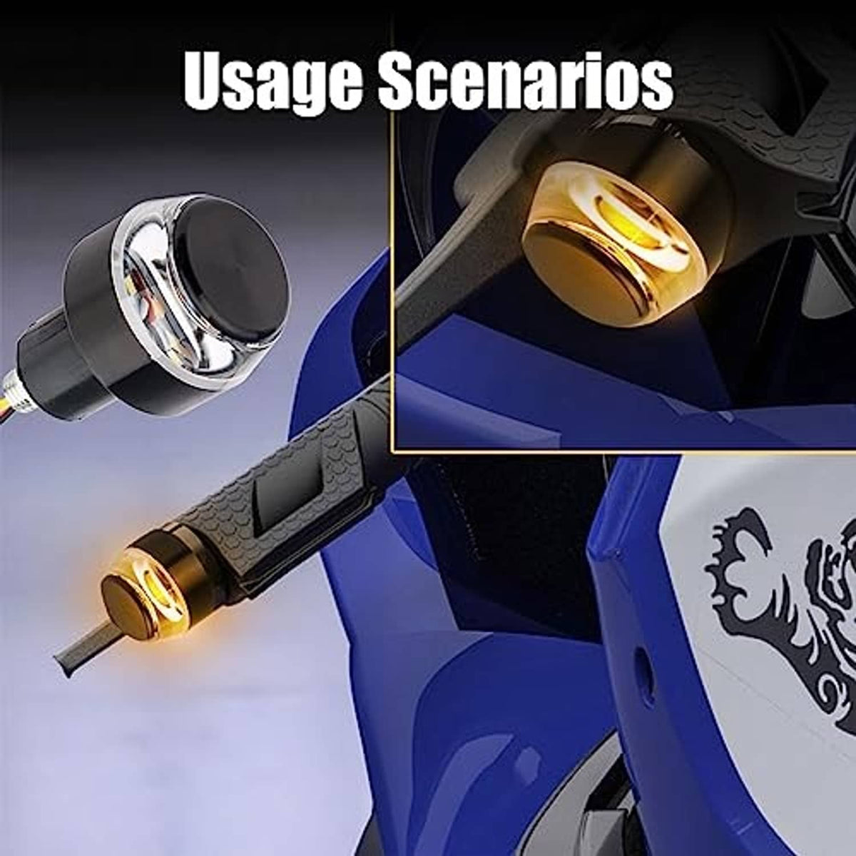 Motorcycle handlebar end LED lights installed, one round light glowing amber gold