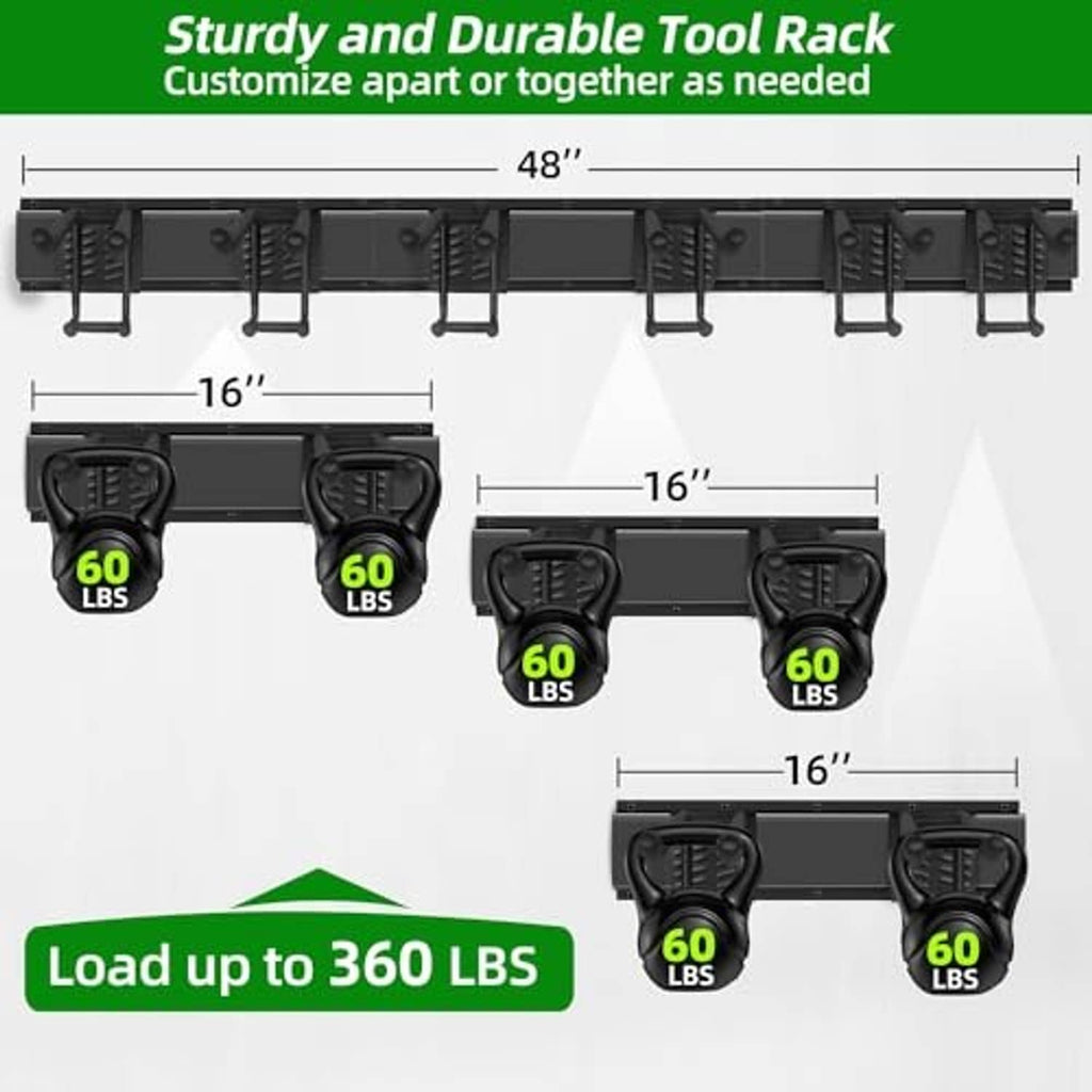 Double-layer steel tool rack layout with multiple hooks and load capacity indicators