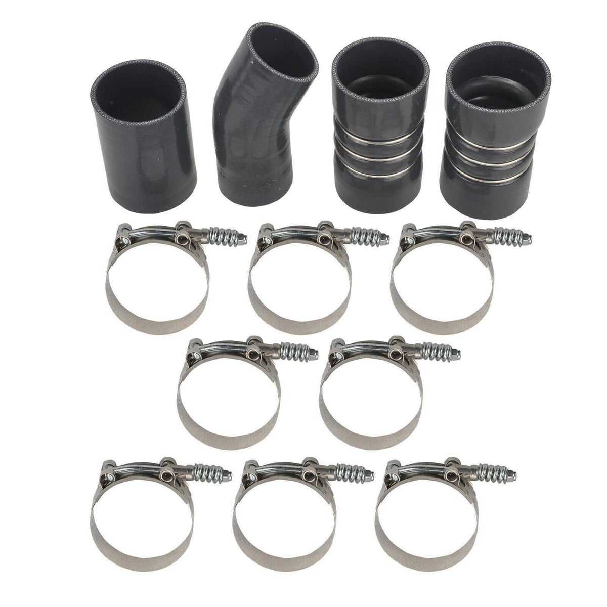 Black intercooler hose couplers with stainless steel clamp rings and screws, set of 3–4