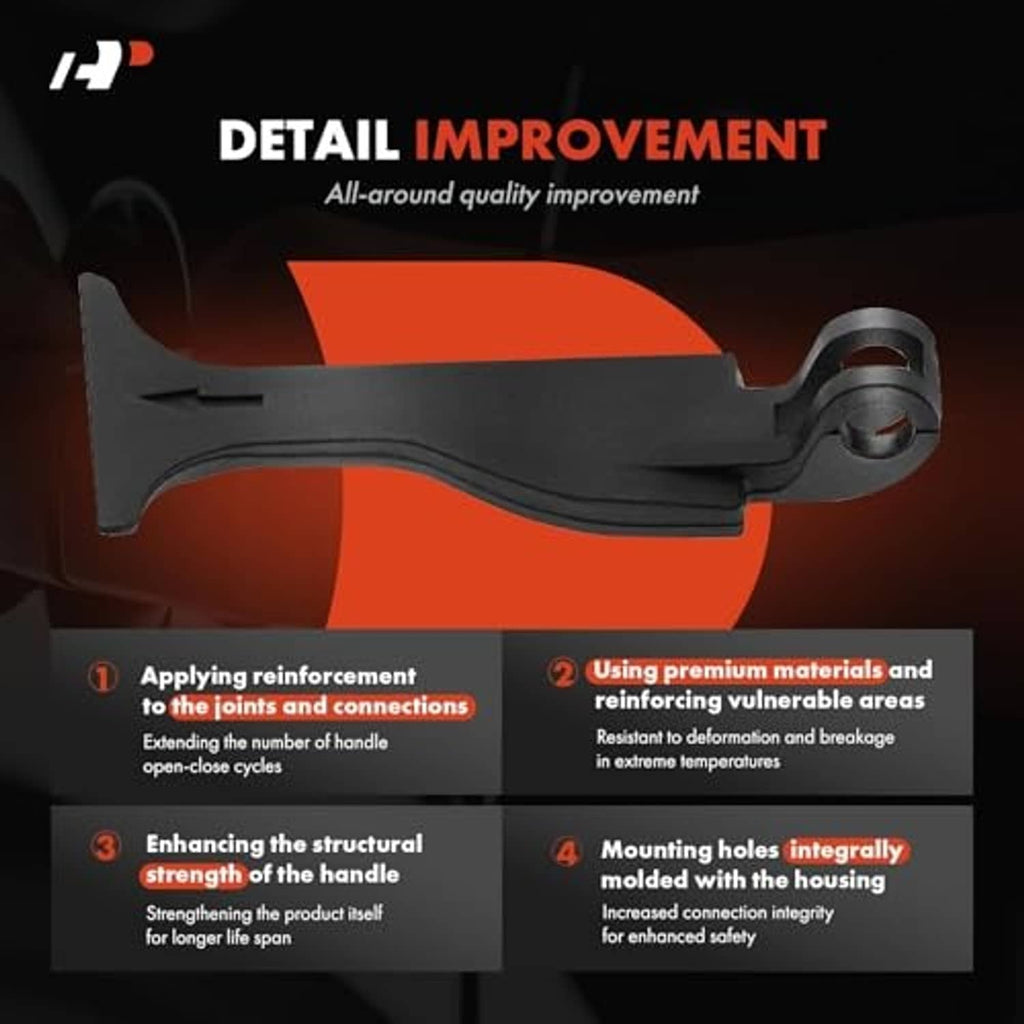 Black hood release handle with metal mounting stud, shown side view for strength.