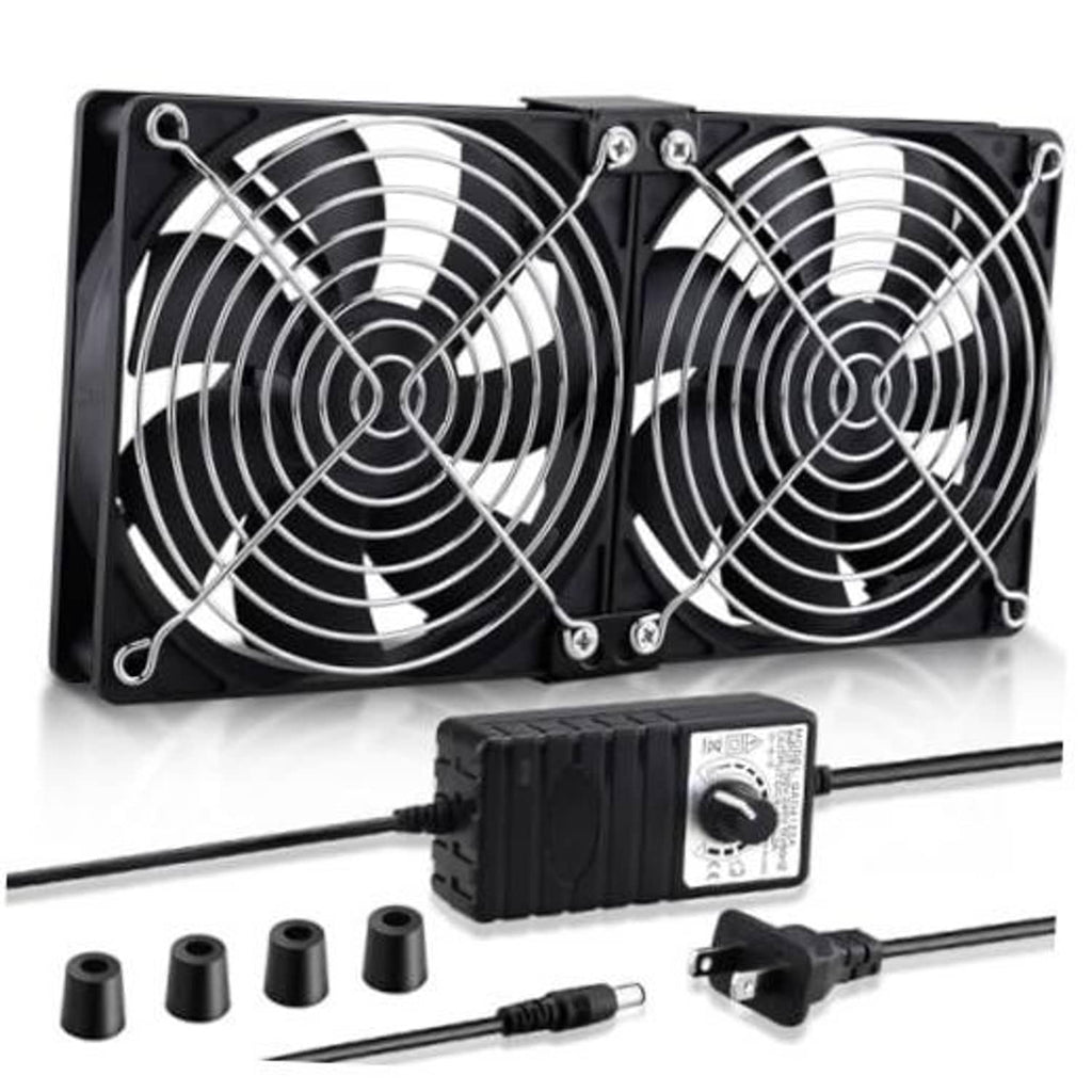 Dual 120mm computer cabinet fans with black grille and AC plug power adapter