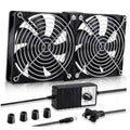 Dual 120mm computer cabinet fans with black grille and AC plug power adapter