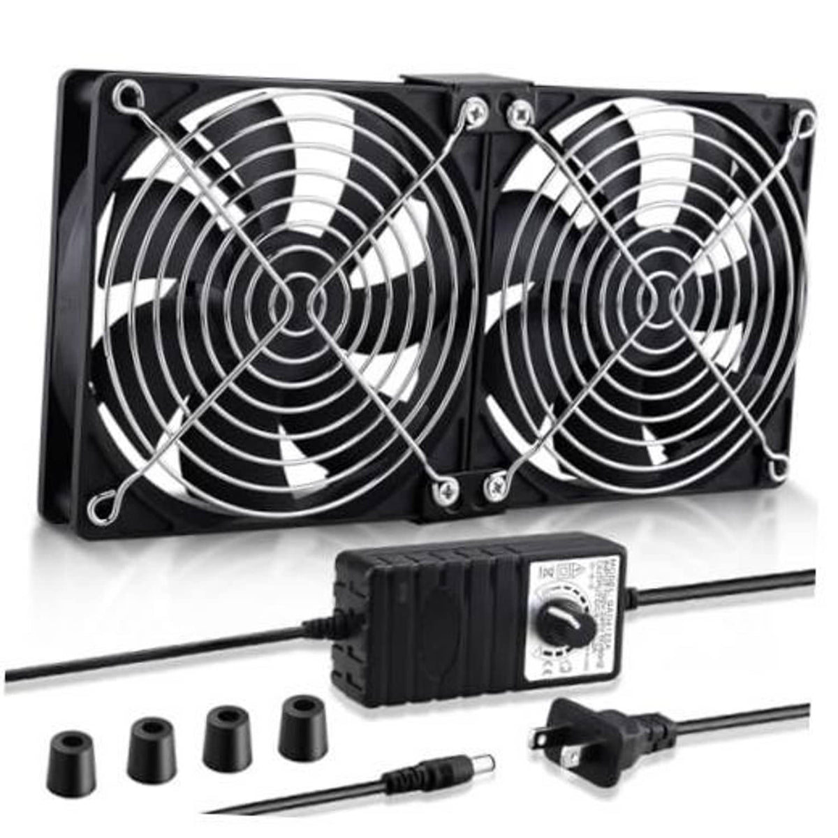 Dual 120mm computer cabinet fans with black grille and AC plug power adapter