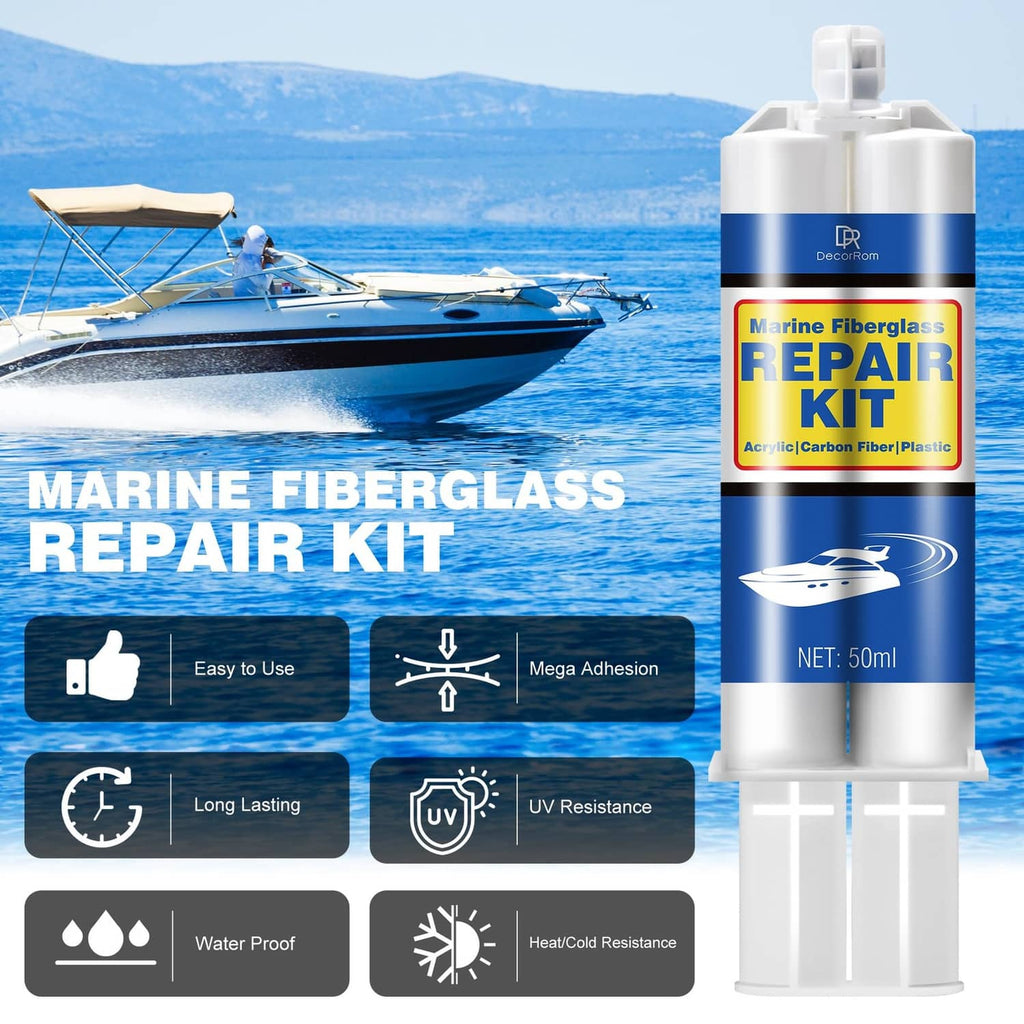 Marine fiberglass repair kit bottle: white gel coat with blue label