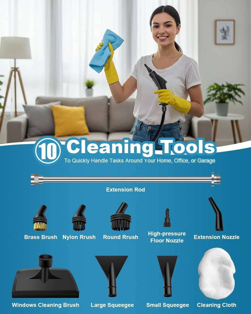 Steam cleaner accessory set with multiple nozzles, squeegee heads, and cleaning cloth.