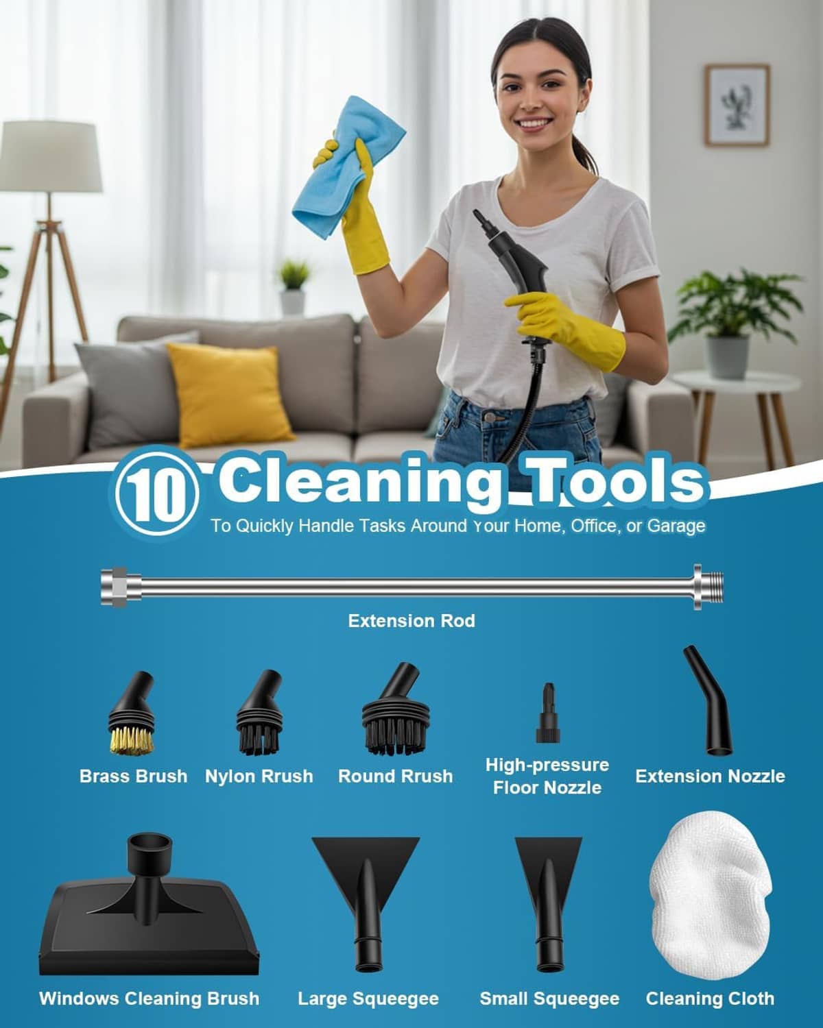 Steam cleaner accessory set with multiple nozzles, squeegee heads, and cleaning cloth.