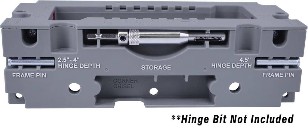 Grey door hinge mortising jig front view with depth markings, storage, and frame pin slots